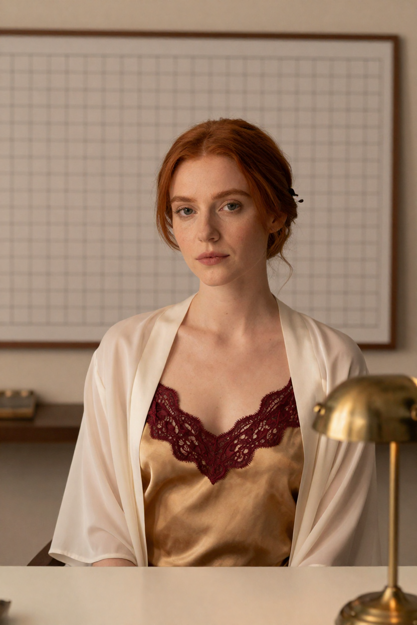 Fictional 29-year-old woman, copper-red hair in a loose low bun with a plain dark pin, fair